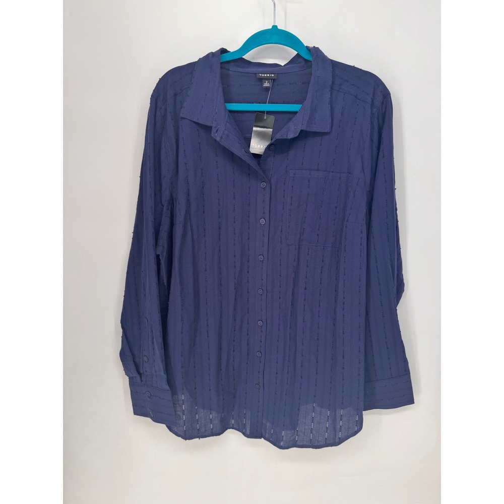 Torrid Button Down Women 2X Navy NWT Dobby Stripe Lizzie Cotton Long Sleeve